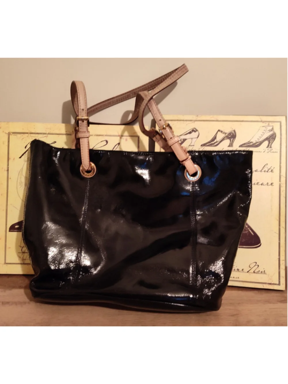 MICHAEL KORS Black MK Logo Monogrammed Patent Leather Tote Purse Handbag Medium